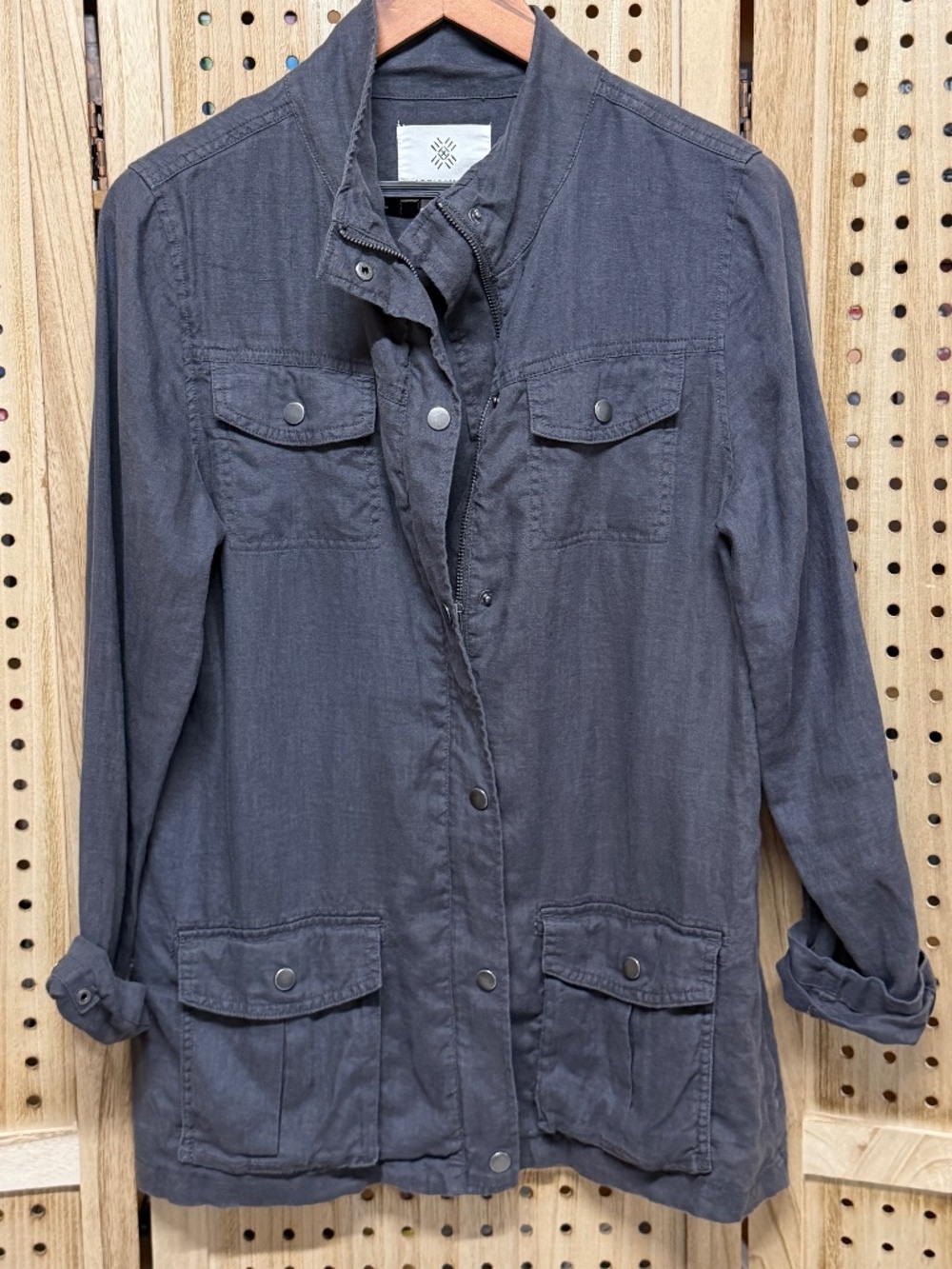 Artisan NY 100% Linen Utility Jacket Gray Lightweight Cargo Jacket M